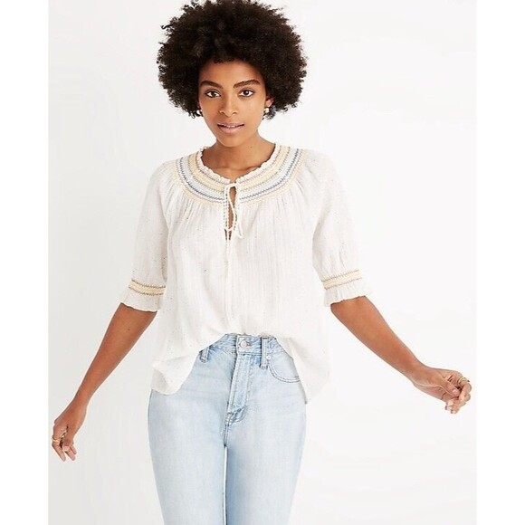 Madewell Rainbow Smocked Peasant Cotton Top Speckled Size Large NWT Boho - Picture 1 of 5